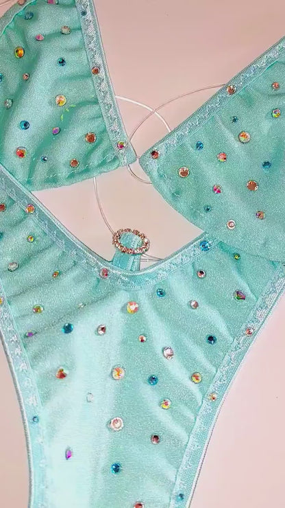 Seafoam Rhinestone Bikini: Clear Elastic Exotic Dancewear