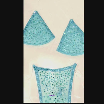 Sky Blue Sparkle Mesh clear elastic G-string bikini set. TONS of Rhinestones! 5 Mix & Match sizes- Stripper fits Exotic dancewear Rave Pole