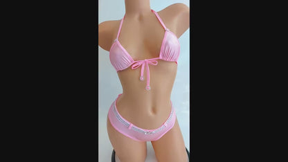 Pink Rhinestone Bikini Set: Exotic Dancewear, Booty Shorts, Halter Top