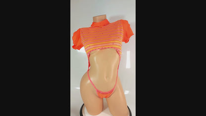 Colorful short sleeve Crop Top adjustable thong one piece - designed for exotic dancers, stripper outfits, pole dance