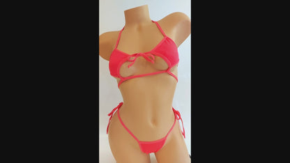 Hot Pink Coral GLOWS in Black Light! Sexy strappy adjustable 2 pc bikini set! Stripper outfits, poledance, exotic dancewear
