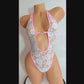 White Lace & Diamond Rings - pink trimmed one piece with adjustable thong. Designs for exotic dancewear, rave, stripper outfits, pole dance lingerie