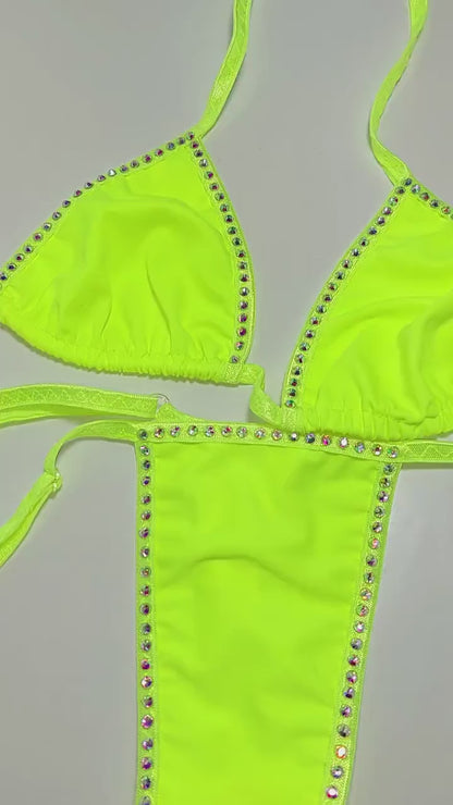Neon Yellow Rhinestone Rave sexy dancer adjustable strap Bikini Set