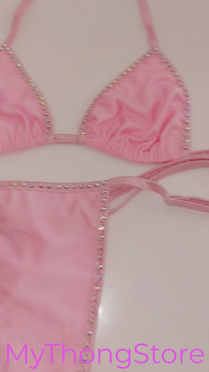 Baby Pink Rhinestone whale tail back ADJUSTABLE size straps! XS to XL, AA cup to DD cup * Stripper dancer outfits exotic dancewear
