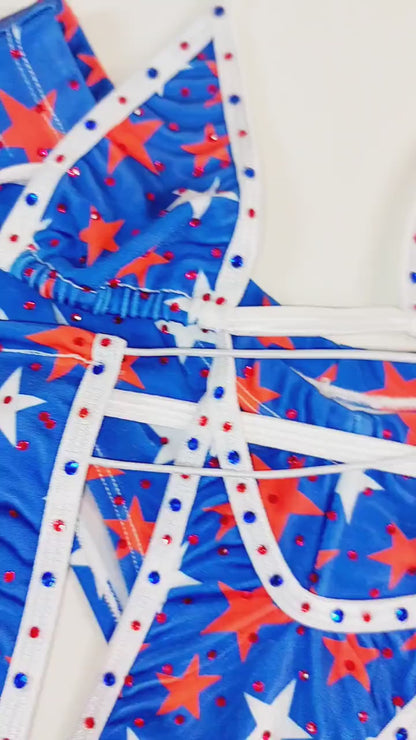 Tie side 4th of July Flag bedazzled rhinestone bikini thong g-string