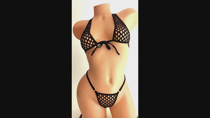 Black Fishnet Halter Lingerie Set: Adjustable G-String, AA-DD Cups