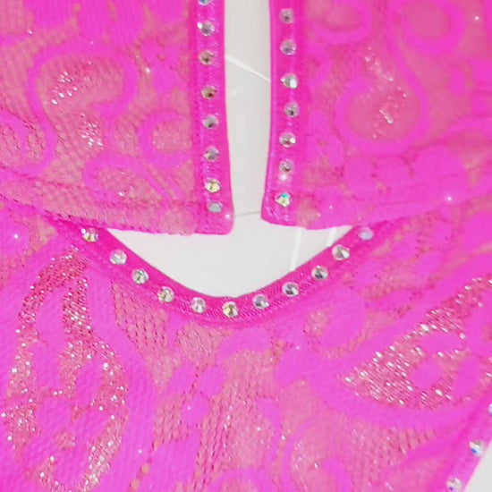 Hot Pink lace microkini bikini outlined in crystal rhinestones with clear elastic strings laid flat on a white background.