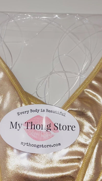 Gold Metallic ADJUSTABLE clear straps invisible elastic Cups AA-DD Bottom Sizes XS - XL  Missy stripper pole exotic thong bikini