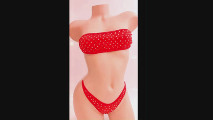 Rhinestone covered Red Bandeau clear elastic micro bikini set - stripper outfits, exotic dancewear, SW lingerie and Pole