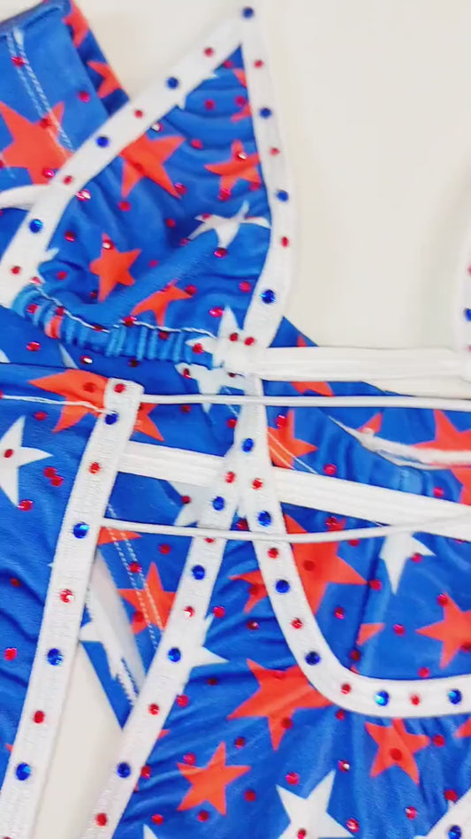 4th of July Flag bedazzled rhinestone Cord thong