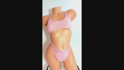 Pink Mesh Rhinestone Bodysuit, Sheer One-Piece Lingerie
