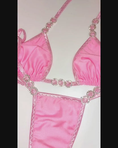 Sugar Baby Blush Pink Diamond accent Tie Side G-string Bikini Set with Rave style whale tail for your Exotic curves - 5 Mix & Match sizes!