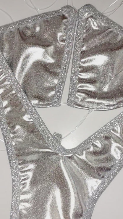 Silver Metallic Micro Illusion Bikini * Adjustable clear elastic straps-  Cup sizes AA - DD, Bottom Sizes XS - XL