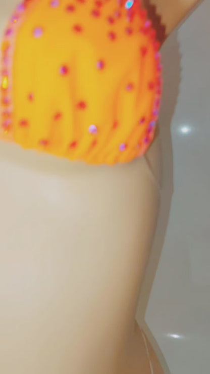 Black Light GLOW Neon Orange Mesh * Tons of sparkle! with Invisible Clear Illusion elastic bikini- AA to DD, XS to XL - Sexy exotic dancer outfits