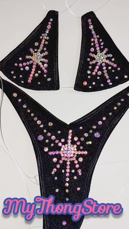Rhinestone Starburst exotic dance Bikini: Clear Elastic Stripper Outfit