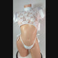 Bachelorettes/Brides White Lace RHINESTONE One-Piece short Sleeve Crop Top Adjustable thong - Exotic Dancewear Stripper Outfits PoleDance