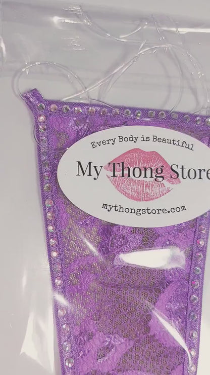 Purple Lace Rhinestone Thong: adjustable Clear Elastic waistband
