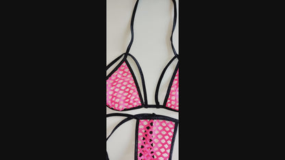 Bright Pink GLOW in BLACK LIGHT Bikini top & Tie Thong - designed for beach, stripper outfits, sexy dancer bikinis, exotic dancewear, SW