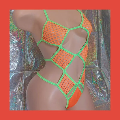 Glow in Black Light Fishnet Bodysuit: Stretchy Rave Dancewear