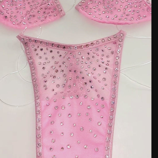 Video of Baby Pink mesh clear string bikini encrusted with pale rose rhinestones.