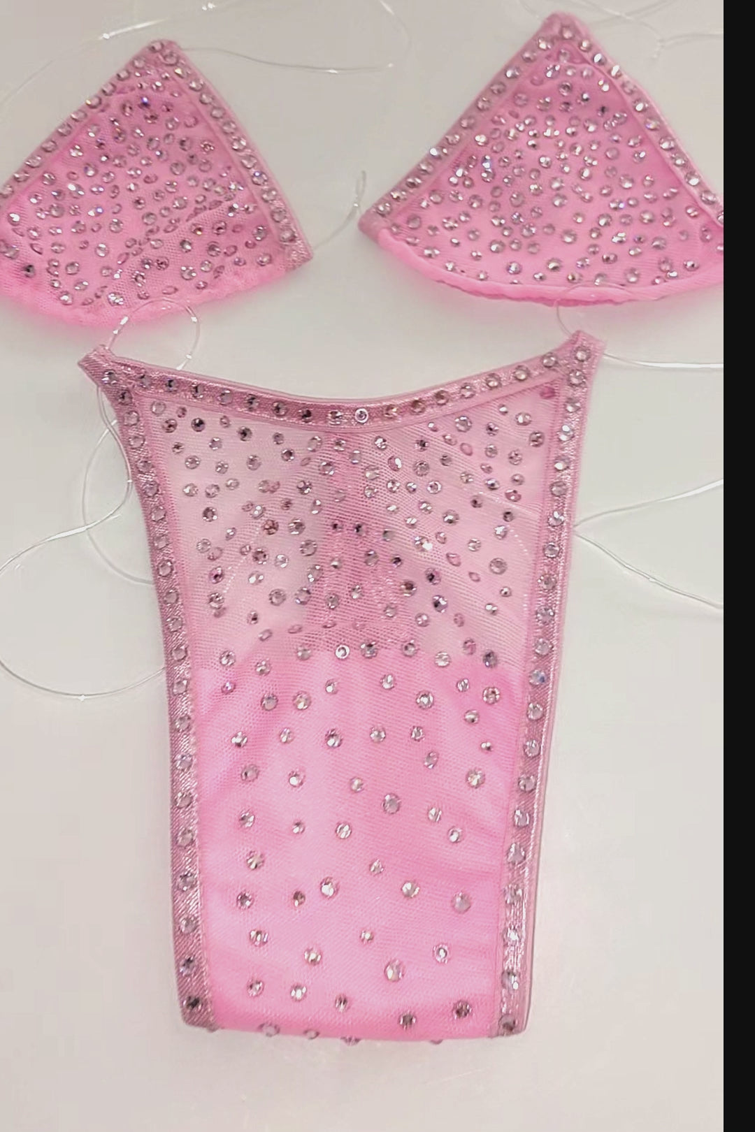 Video of Baby Pink mesh clear string bikini encrusted with pale rose rhinestones.