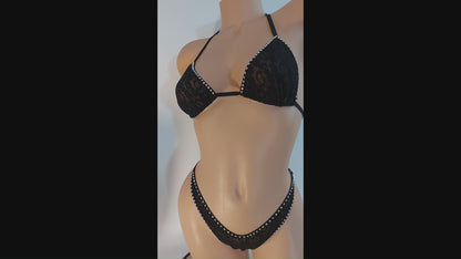 Rhinestone sparkle Fully Lined Black Lace stretch adjustable bikini