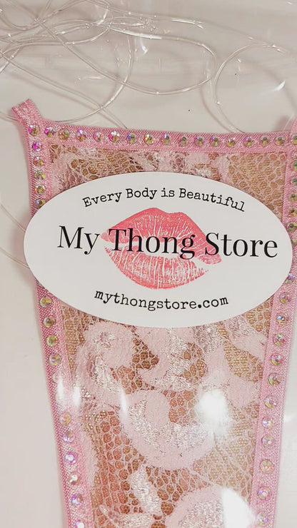 Demure Baby Pink Lace clear elastic ILLUSION Rhinestone G-string thong