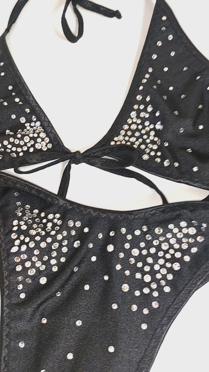 Glittering Black Elegance bedazzled rhinestone Monokini One Piece bodysuit