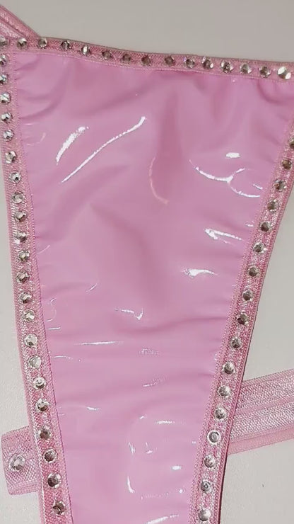 Wet Look Vinyl Garter Set – Adjustable Thong, Crystal Rhinestones, Exotic Dancewear
