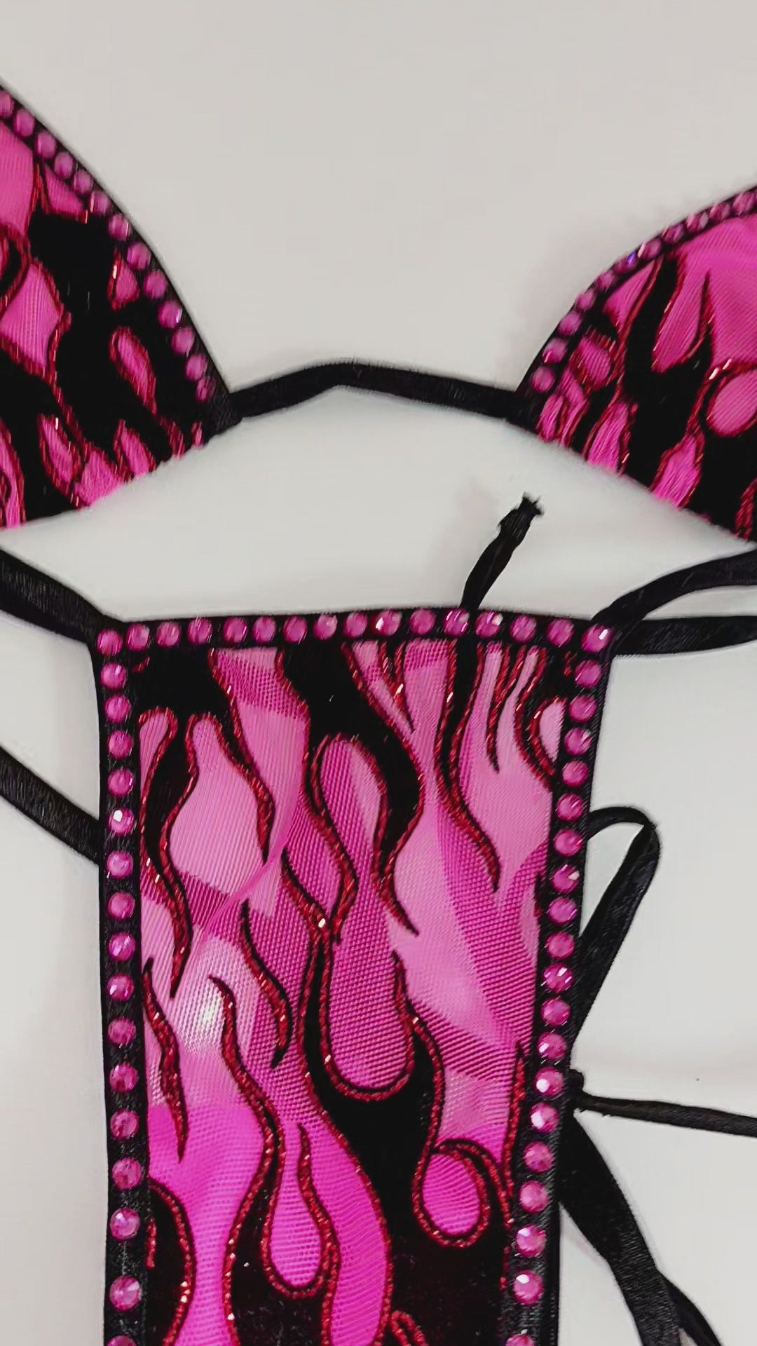 Video of Hot Pink flame bikini with rose colored rhinestones.