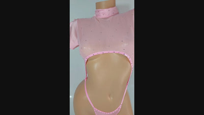 Romantic Baby Pink RHINESTONE One-Piece short Sleeve Crop Top Adjustable thong - Exotic Dancewear Stripper Outfits PoleDance Lingerie