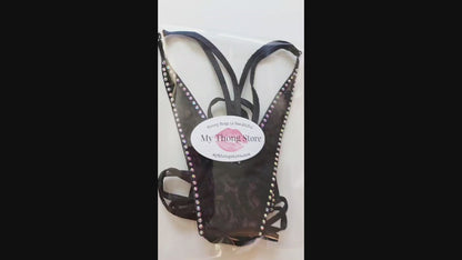 Daring Black Lace with Diamond Rhinestone outline - Adjustable thong! AA to DD cups - stripper, exotic dancewear, pole, rave