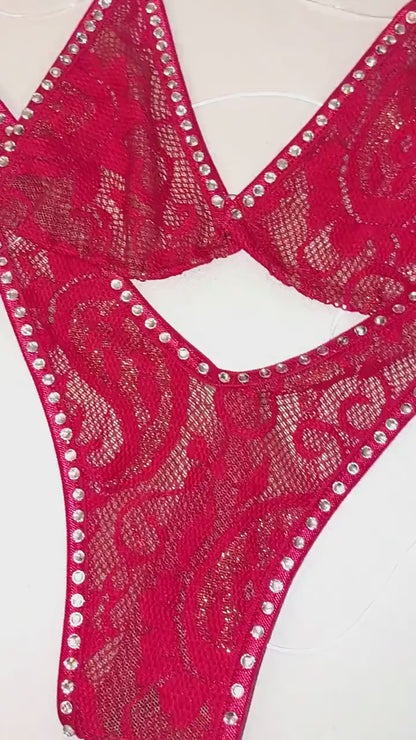 Red Lace Rhinestone Bikini: Adjustable Clear invisible Straps, Exotic Dancewear