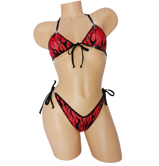 NEW! Tie Side Flame bikini - Green, Red or  Pink * AA cup to DD cups * Designs for pole dance, exotic dancewear, strippers