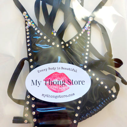 Wet Look stretchy vinyl Sexy Rhinestone bikini  set