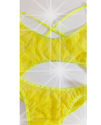 Sexy dancer GLOW Lace One Piece - Rhinestones -adjustable neck straps - Stripper outfits Exotic Dancewear Pole Dance fits SW lingerie