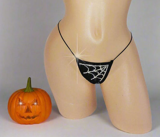 Sparkly Spiderweb Halloween novelty g-string thong, with a pumpkin.