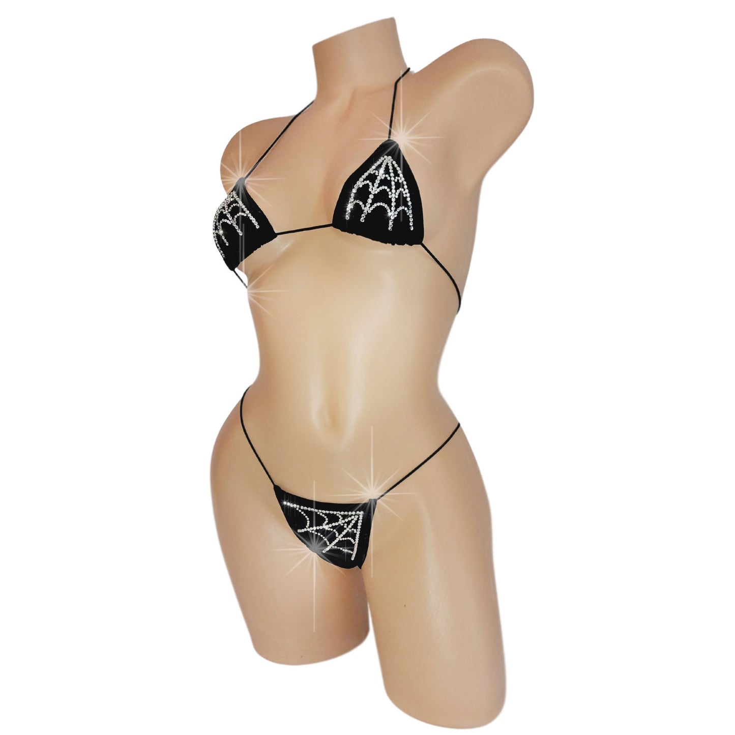 Halloween bikini with rhinestones in a spiderweb design.