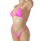 Bubblegum pink adjustable thong bikini with rhinestones on a curvy mannequin.