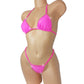 Bubblegum pink adjustable thong bikini with rhinestones on a curvy mannequin.