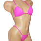 Bubblegum pink adjustable thong bikini with rhinestones on a curvy mannequin.