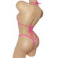 Bubblegum pink adjustable thong bikini with rhinestones on a curvy mannequin, rear view.