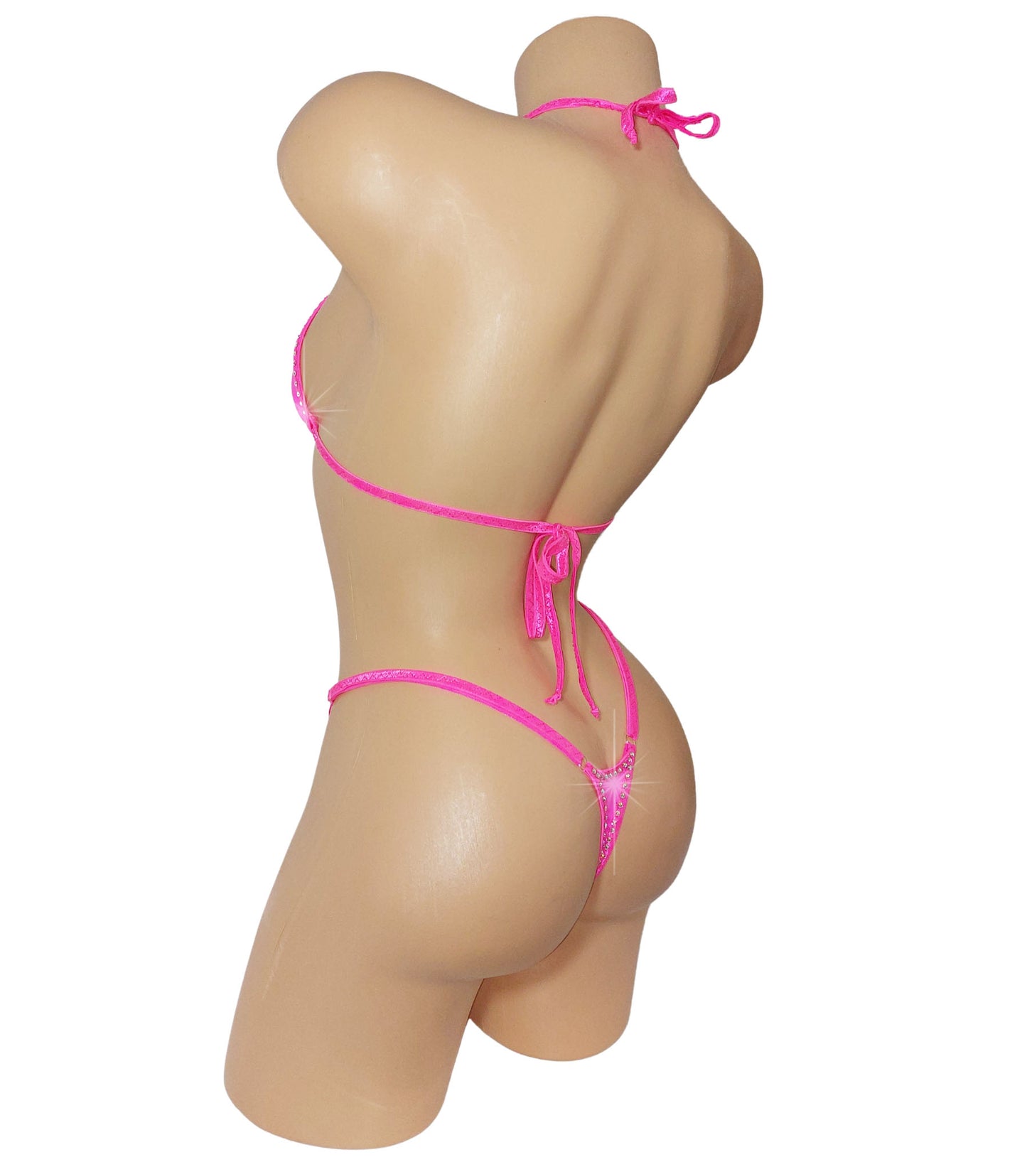 Bubblegum pink adjustable thong bikini with rhinestones on a curvy mannequin, rear view.