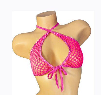 Pink Rhinestone Fishnet halter top & adjustable matching thong. FULLY LINED!