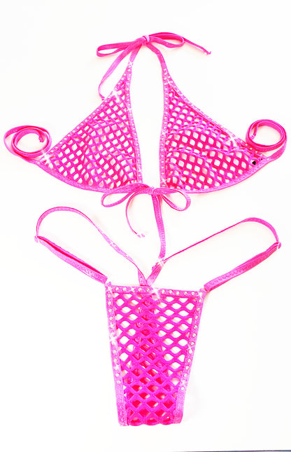 Pink Rhinestone Fishnet halter top & adjustable matching thong. FULLY LINED!