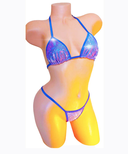 Purple Hologram adjustable thong bikini - adjust the waist size to exactly your size! Sexy exotic dancer stripper pole thong bikinis
