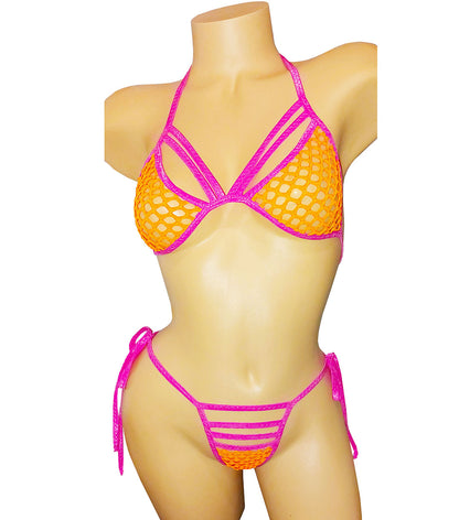 Neon Orange fishnet adjustable bikini - Tie side See thru 2 piece set with Pink trim