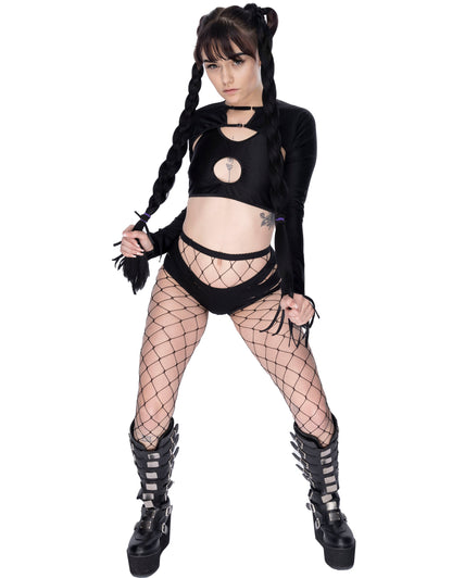Rave Designer Pole Dancer outfit - 3 pc set - Slashed booty Shorts, Long sleeve Shrug, Scoop top