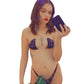 Model taking cell phone selfie in a Black bikini with sparkling rhinestones on a mannequin. The straps are invisible thread so it looks like it is defying gravity.