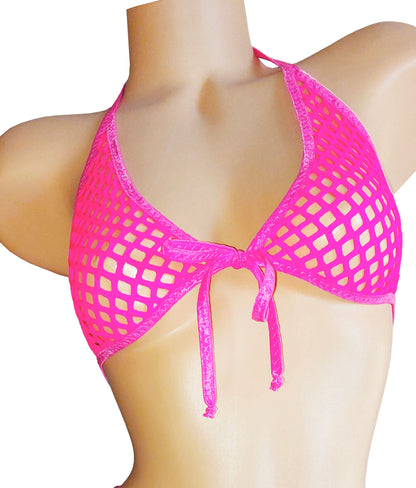 Fully lined Hot Pink Fishnet tie halter top & Adjustable waist thong
